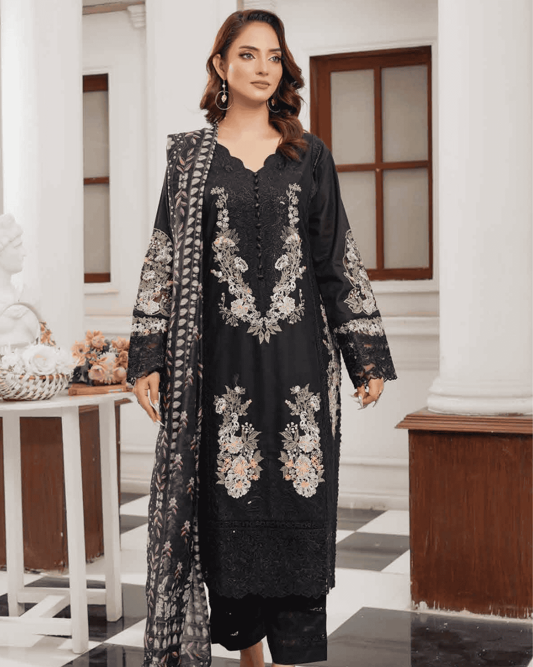 Lawn Suit with Chikankari & Organza Black