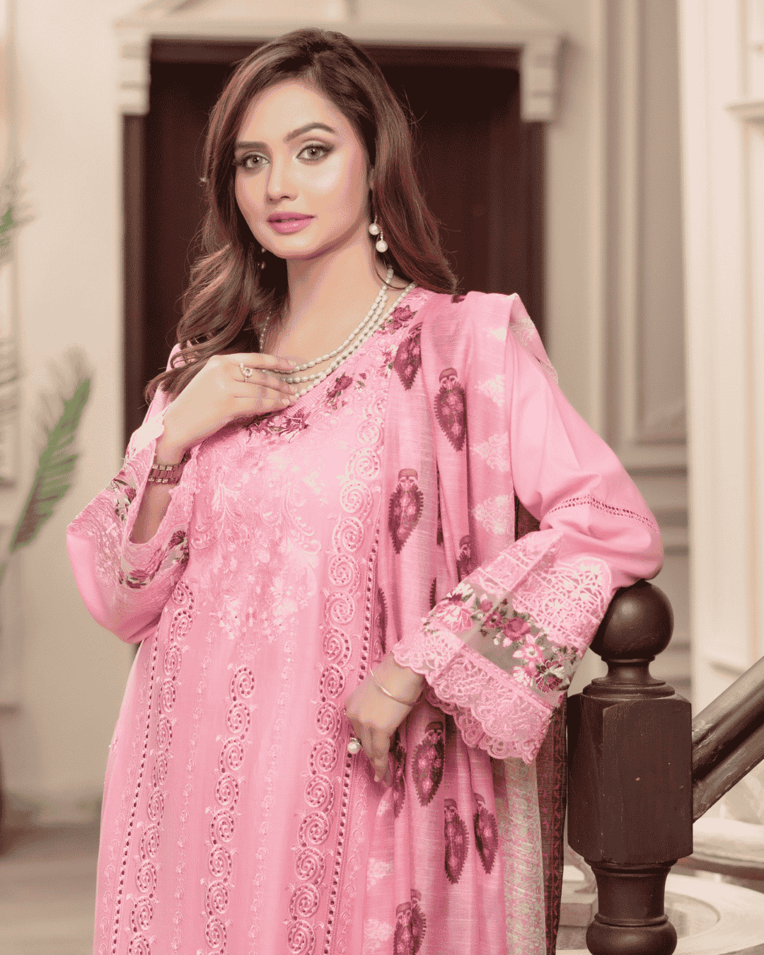 Pure Chikankari Lawn Stitched Ensemble with Organza Detailing Pink
