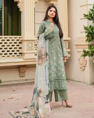 Pure Lawn Chikankari Ensemble with Organza & Lace olive