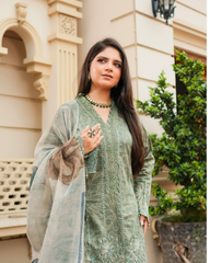 Pure Lawn Chikankari Ensemble with Organza & Lace olive
