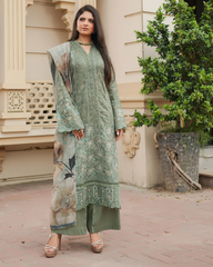 Pure Lawn Chikankari Ensemble with Organza & Lace olive